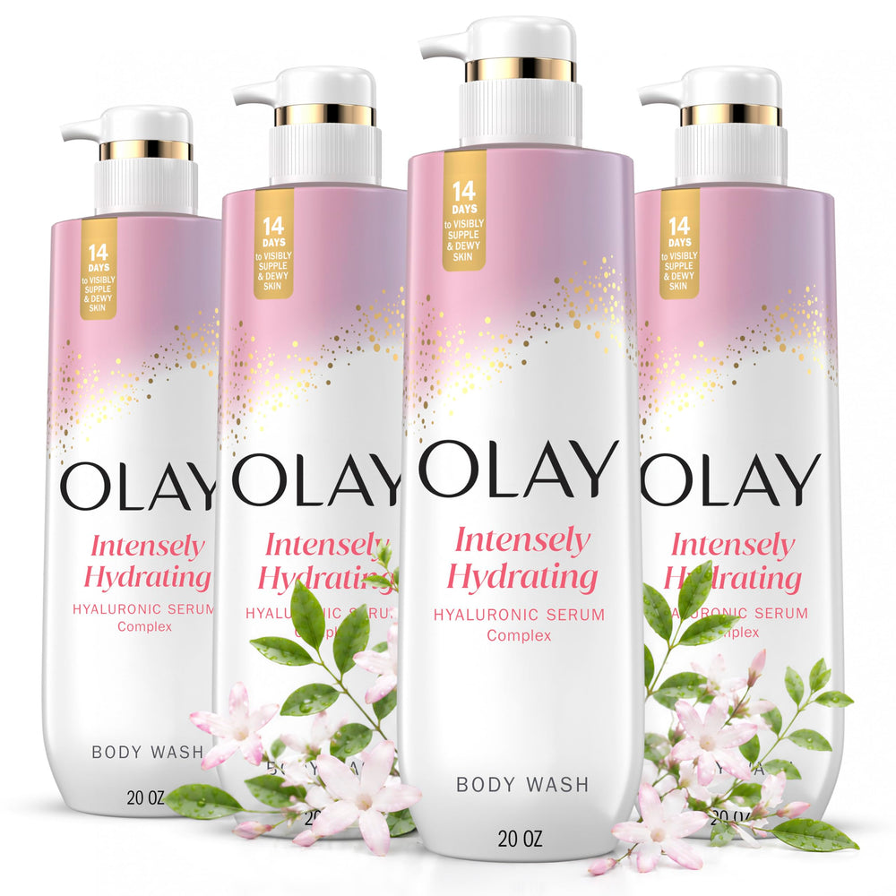 Olay front packaging showing bottle label and benefits for hydrated skin