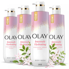 Olay front packaging showing bottle label and benefits for hydrated skin