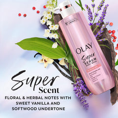 Olay body wash next to moisturizer suggesting post-shower routine
