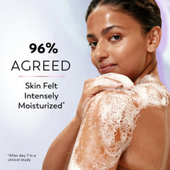 Olay body wash applied to wet skin emphasizing gentle exfoliation benefit
