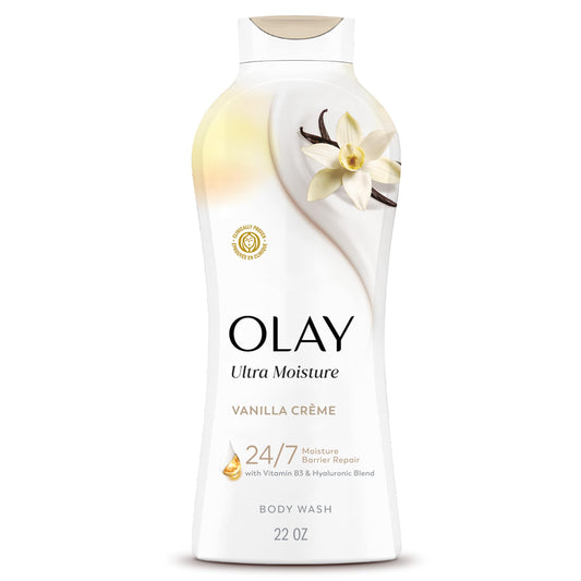 Olay body wash front bottle showing vanilla creme scent and hydration benefits