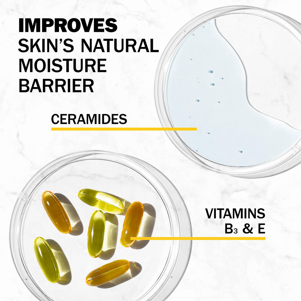 Olay ingredient label highlighting niacinamide, vitamin E, and ceramides benefits