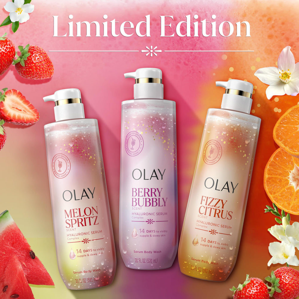 Olay body wash and serum lotion side-by-side for a full routine