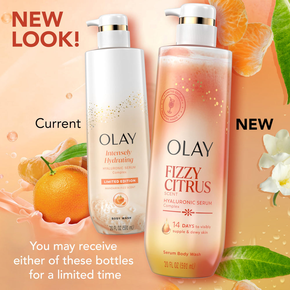 Open cap with Olay body wash pouring to demonstrate consistency