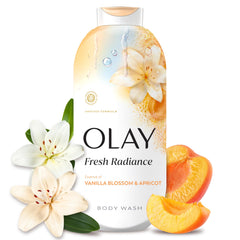 Olay front bottle showing label and scent, highlights radiant benefit