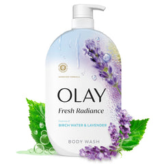 Olay front bottle showing branding and large pump for convenient use