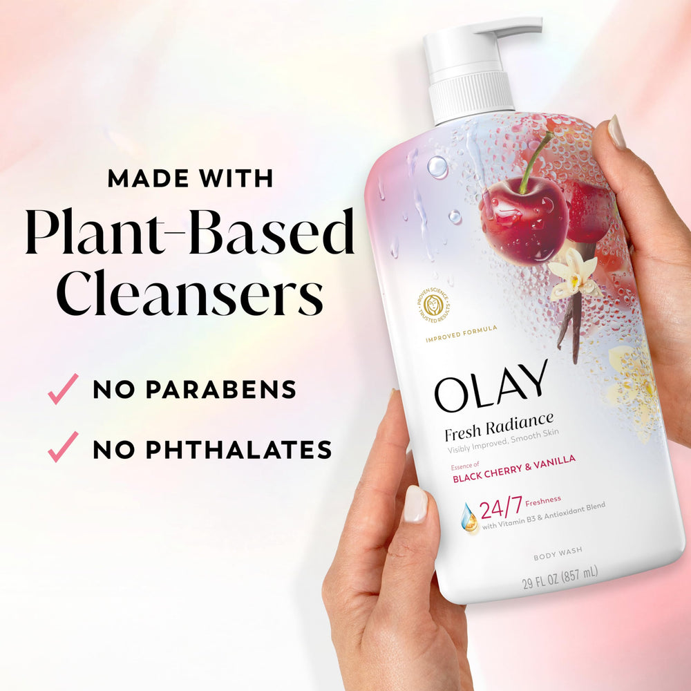 Olay fresh radiance ingredients panel showing Vitamin B3 and plant-based cleansers benefit