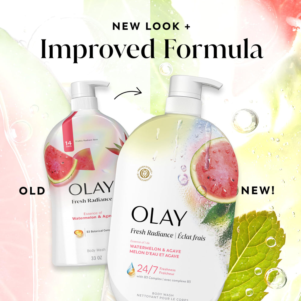 Olay Fresh Radiance on bathroom shelf in lifestyle scene, elevates shower time