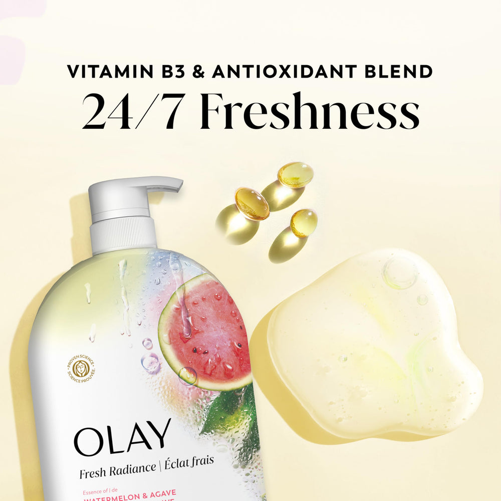 Olay Fresh Radiance being dispensed from pump, easy controlled usage benefit