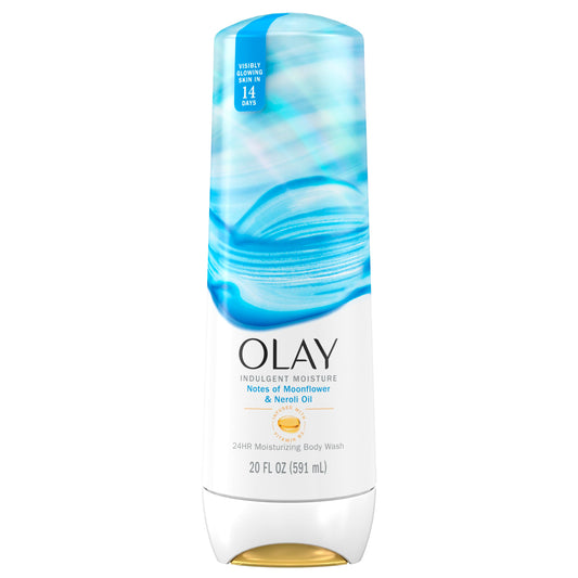 Olay front bottle showing indulgent moisture and 20 fl oz size for lasting hydration