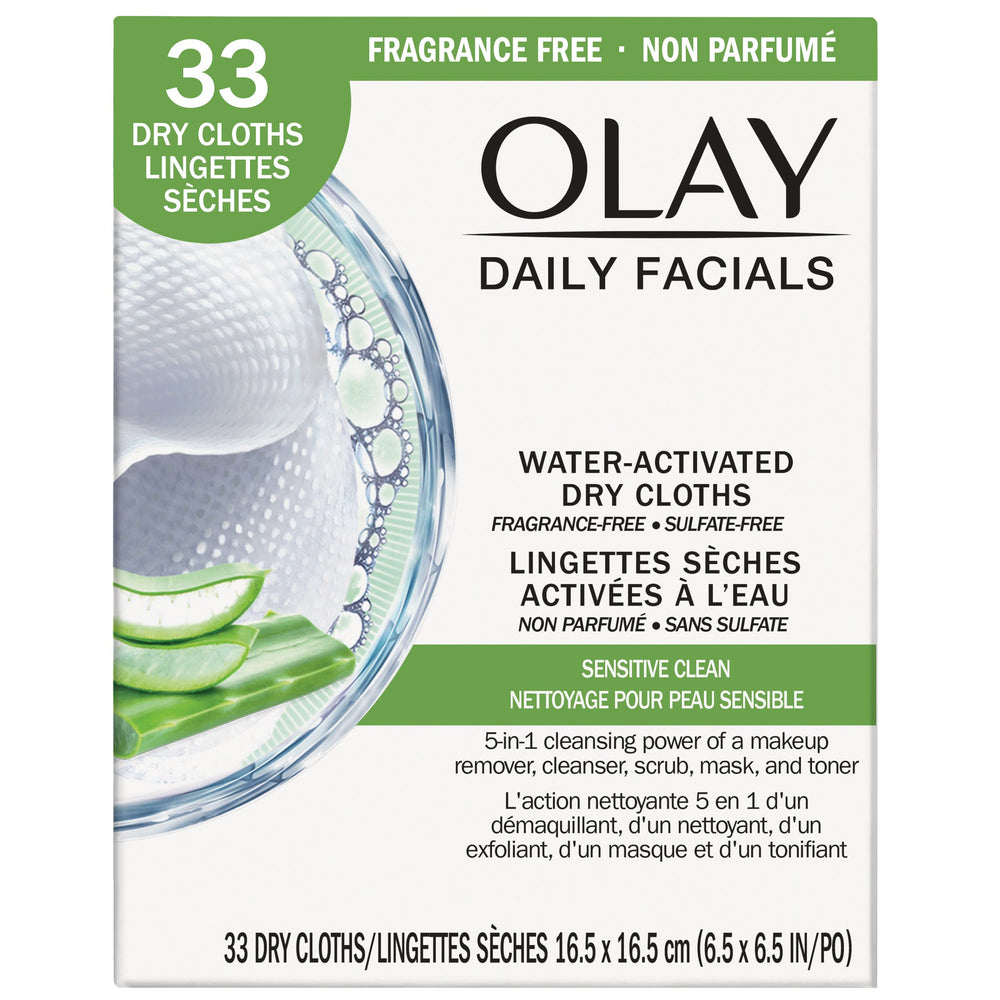 Olay front packaging showing 33-count resealable pack and convenience