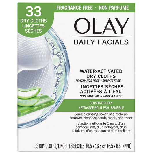 Olay front packaging showing 33-count resealable pack and convenience