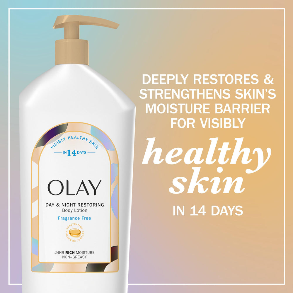 Olay applying lotion to arm, showing smooth hydrated skin benefit