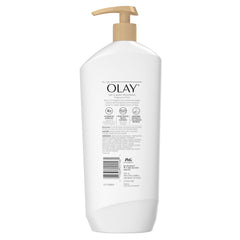 Olay bottle on bathroom shelf styled, suggests easy routine integration