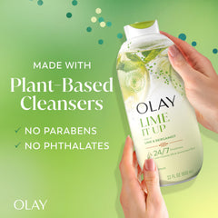 Olay bottle next to hand to show 22 fl oz size and easy grip for everyday use