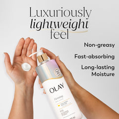 Olay pump and label close-up highlighting quick-dispense and ingredient visibility