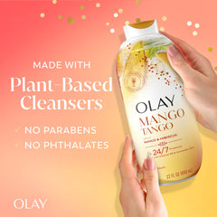 Olay bottle beside fresh mangoes illustrating fruity scent and uplift