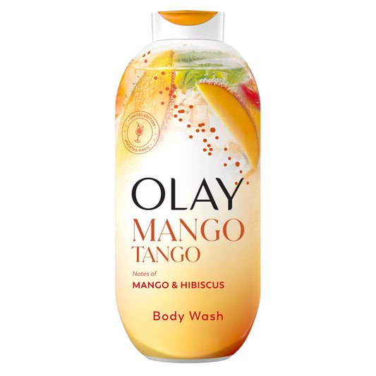 Olay bottle front packaging showing mango-hibiscus scent and benefit