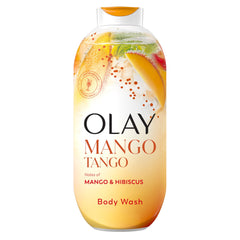 Olay bottle front packaging showing mango-hibiscus scent and benefit
