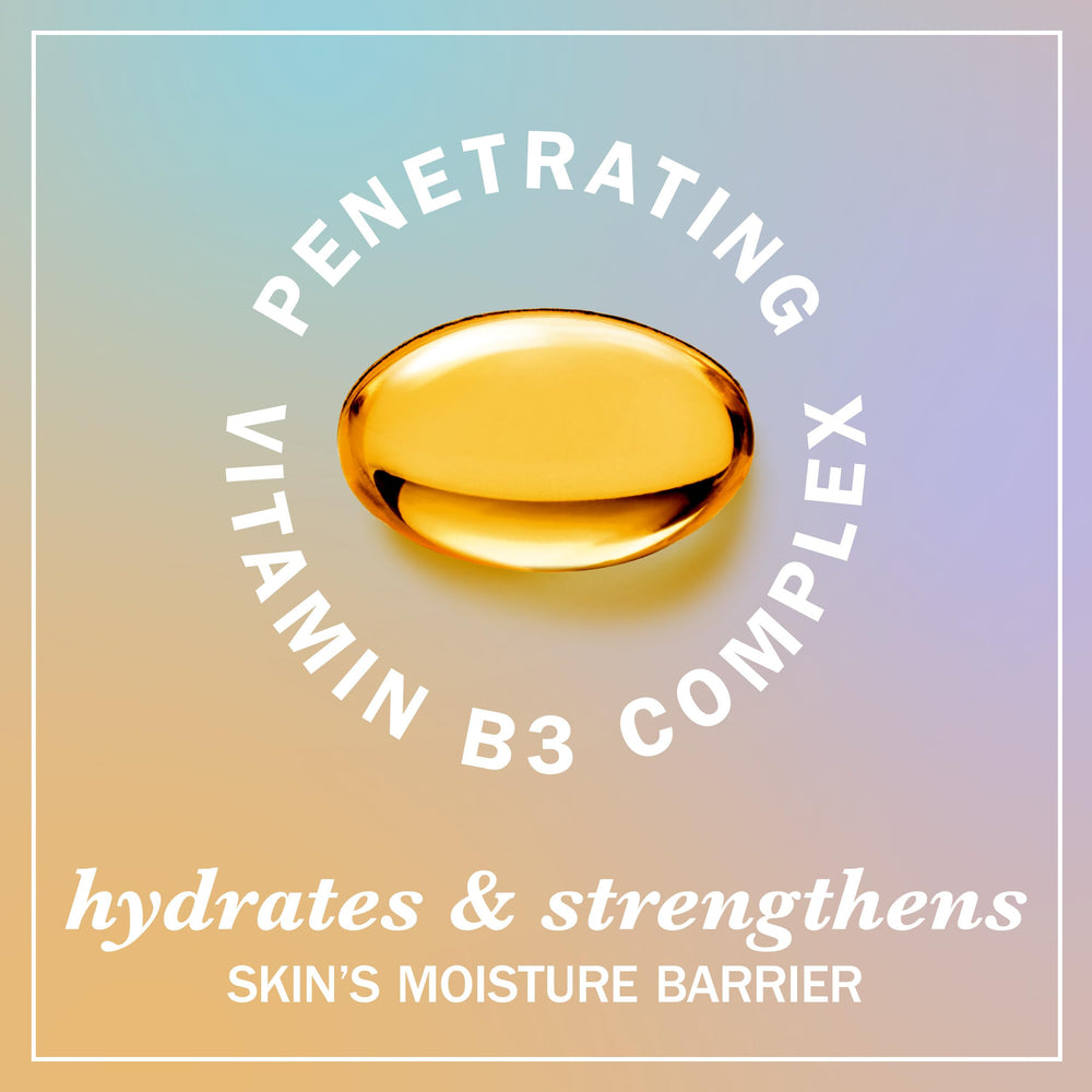 Olay ingredient label close-up, highlights Vitamin B3 Complex benefit