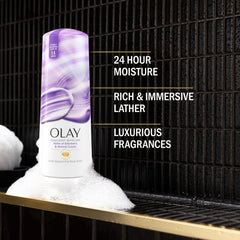 Olay bottle label close-up highlighting elderberry almond scent