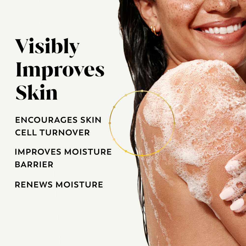 Olay pump dispensing body wash into hand illustrating easy, mess-free use