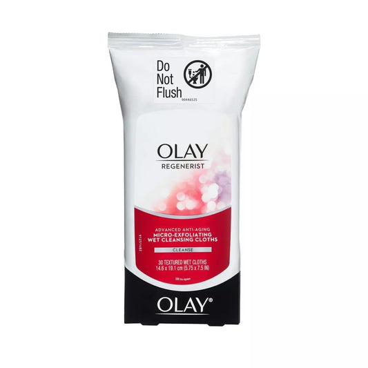 Olay Regenerist front packaging showing 30-count pack and travel convenience