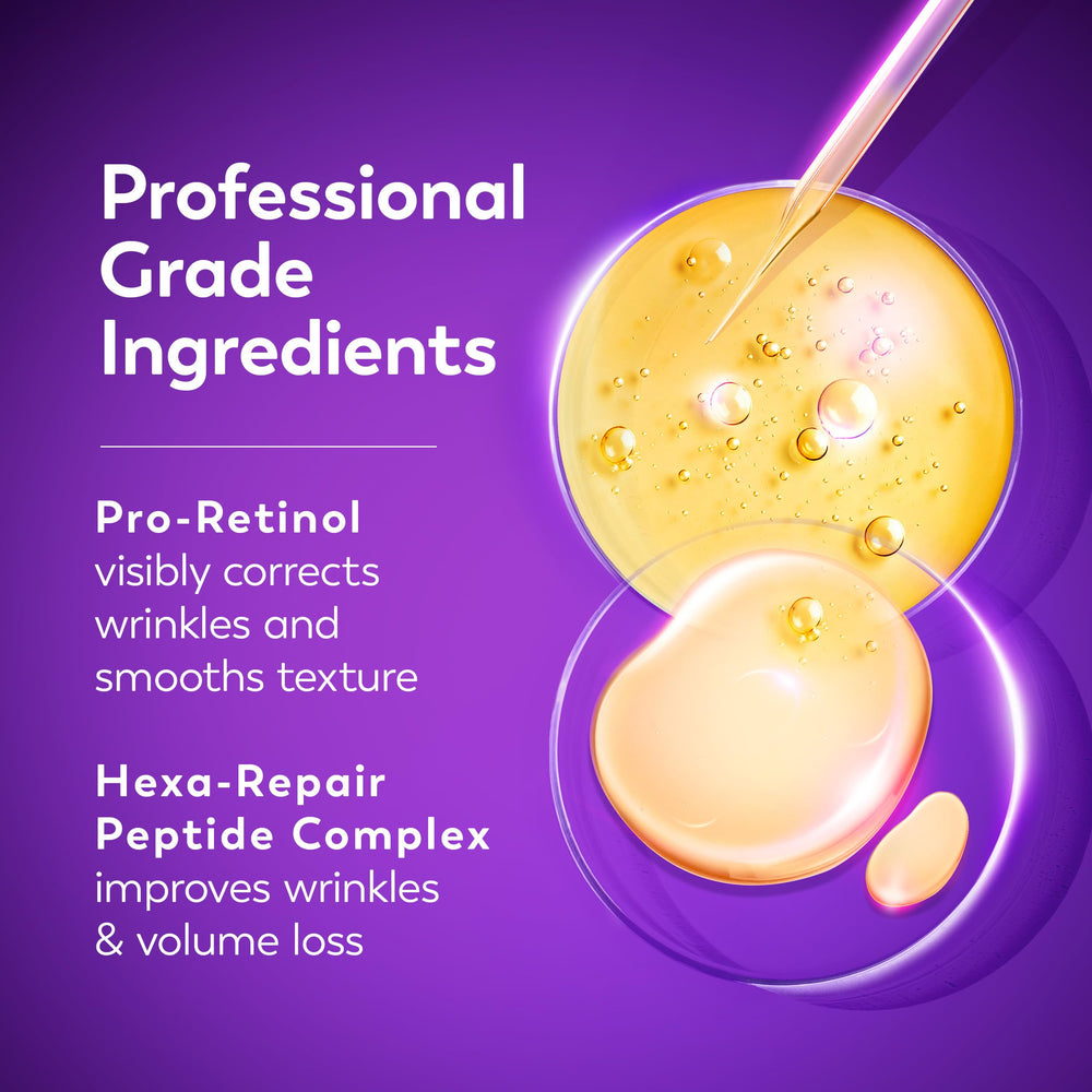 Olay ingredient label emphasizing pro-retinol and Hexa-Repair peptide