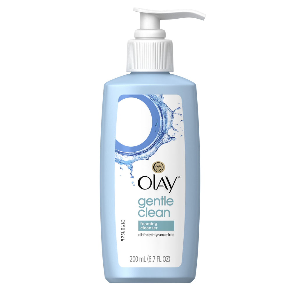 Olay sensitive facial cleanser front bottle showing size and label, clear product benefits