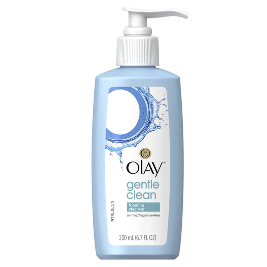 Olay sensitive facial cleanser front bottle showing size and label, clear product benefits