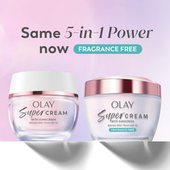 Olay Super Cream on bathroom counter illustrating daily routine ease