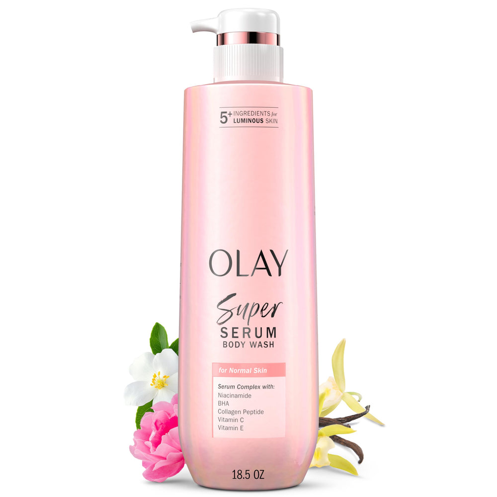 Olay front packaging showing Super Serum Body Wash and clear benefits