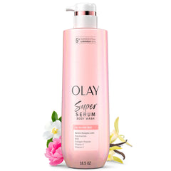 Olay front packaging showing Super Serum Body Wash and clear benefits