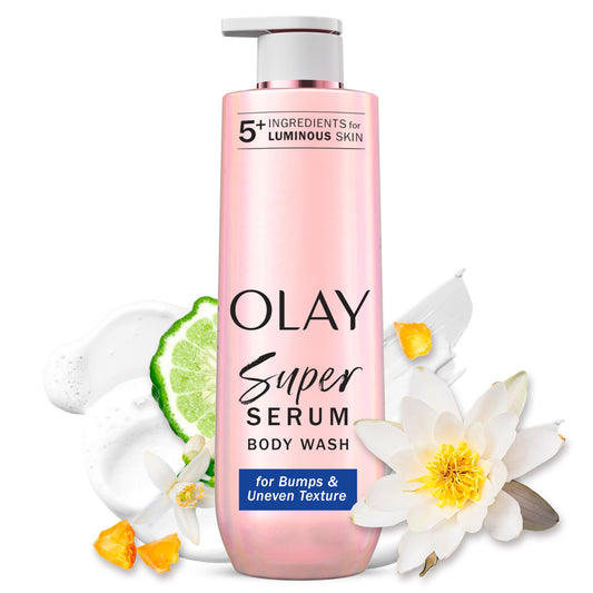 Olay Super Serum Body Wash front packaging showing product and size benefits