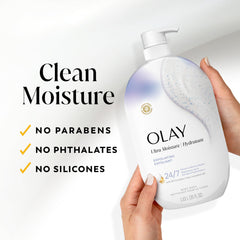 Olay bottle beside hands to show the 35 fl oz size scale
