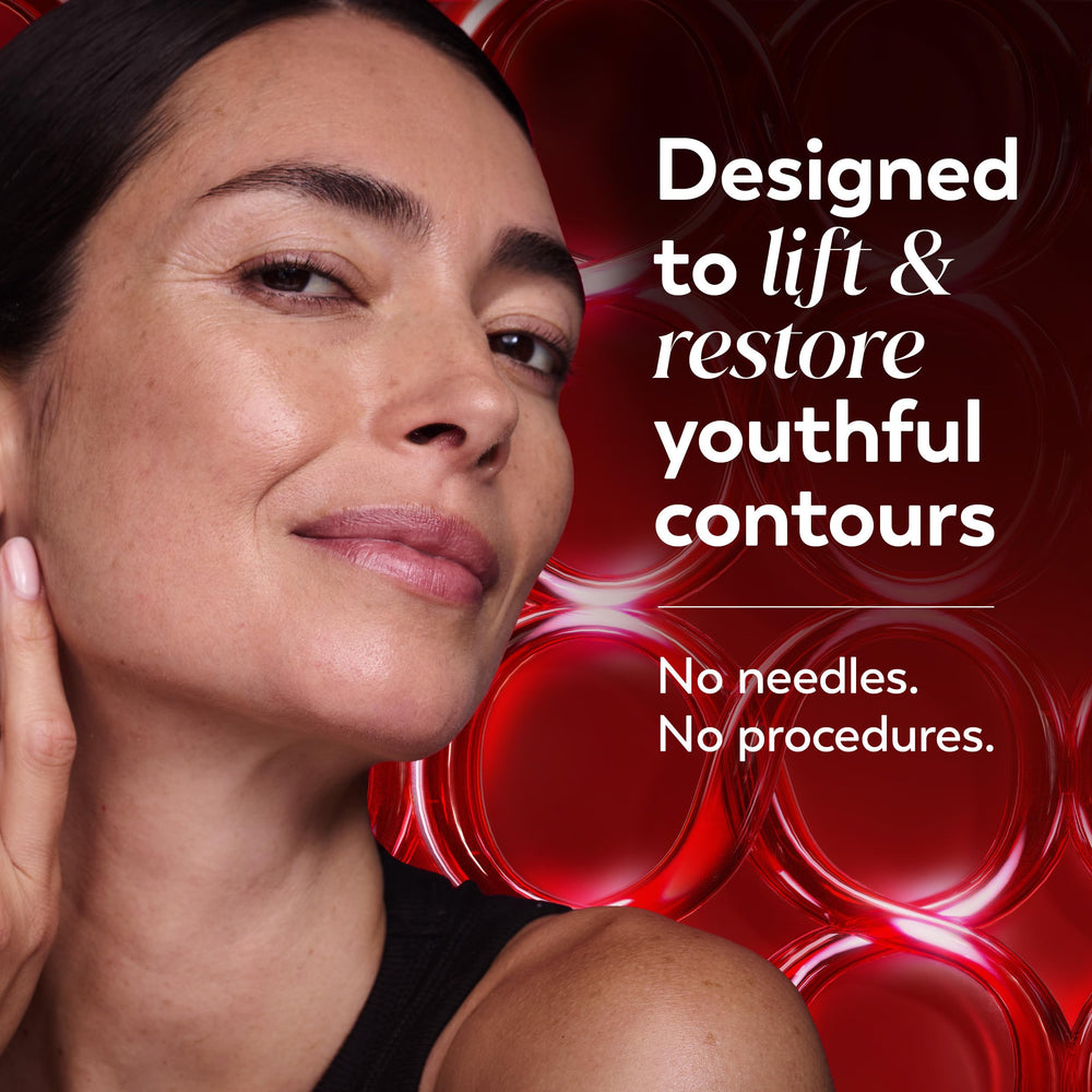 Olay being rolled on neck demonstrating targeted lift and even application