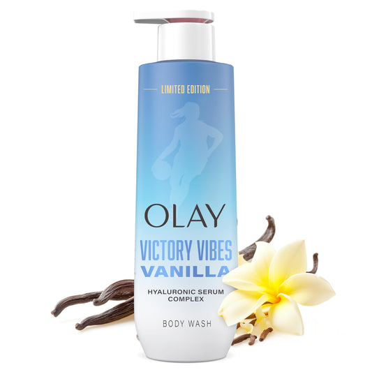 Olay Victory Vibes Vanilla front bottle view showing product and scent benefits