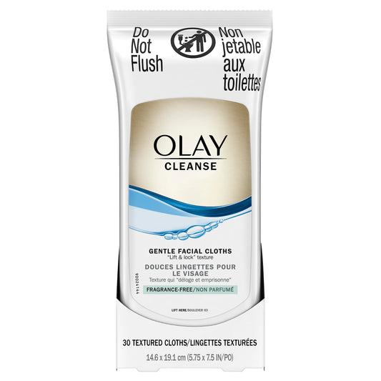 Olay wet cleansing cloths front packaging showing 30-count resealable pack for gentle cleansing