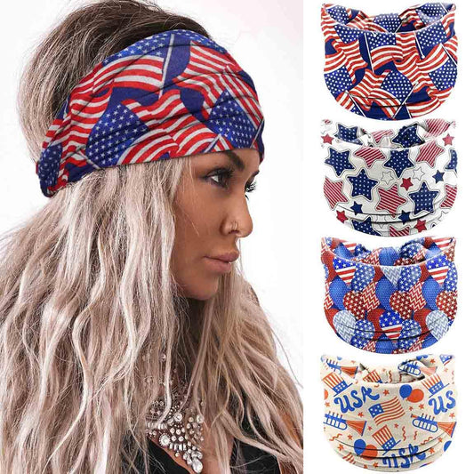 Olbye front packaging showing pack of four patriotic headbands and quick benefit