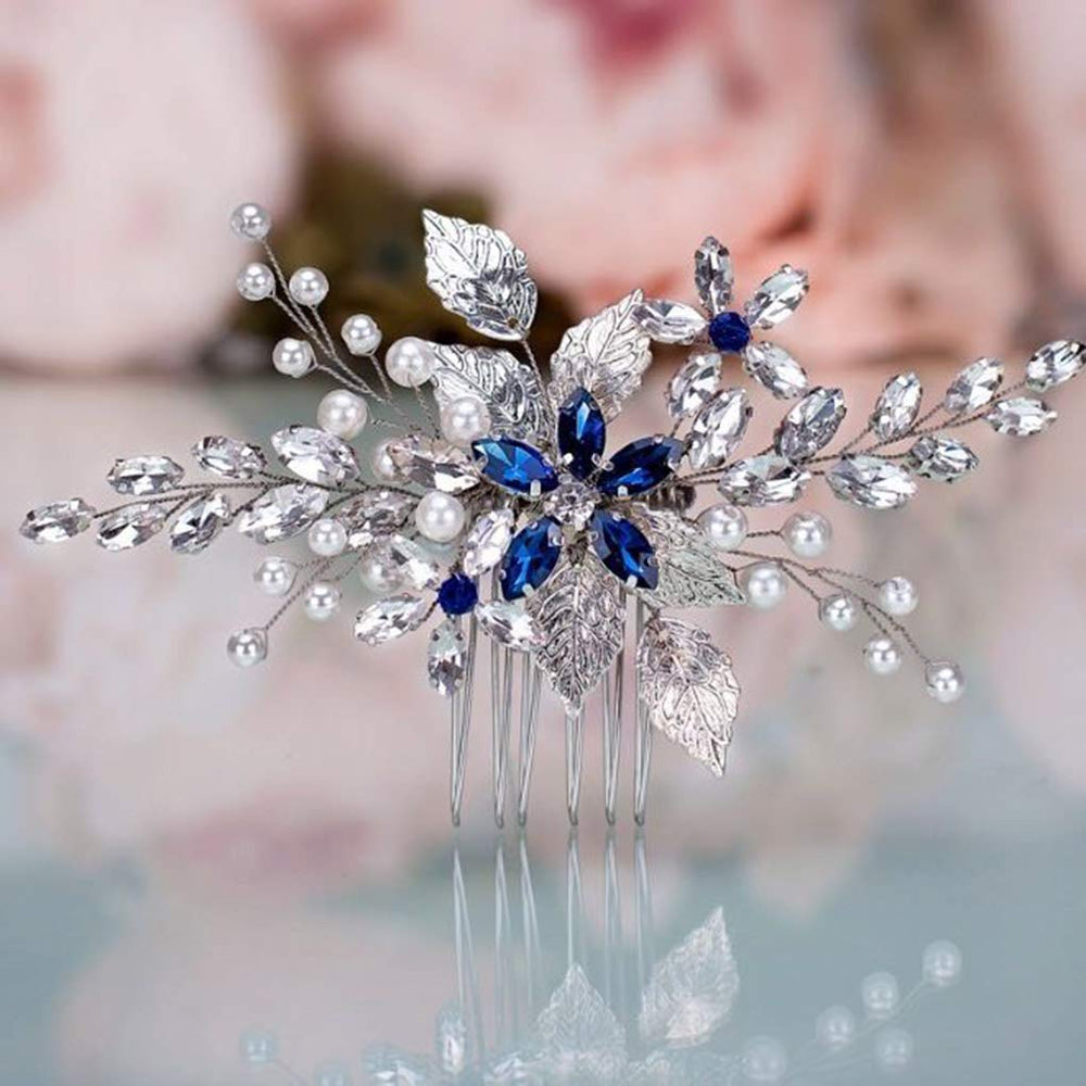 Olbye front view of blue rhinestone comb showing elegant shape and sparkle