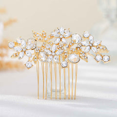 Olbye gold headpiece front view showing sparkling rhinestones and elegant flower design