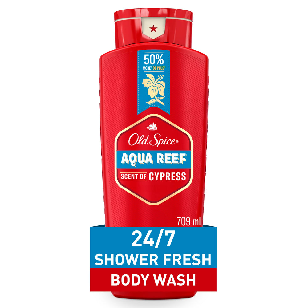 Old Spice front packaging showing 24 oz bottle and brand for shelf appeal