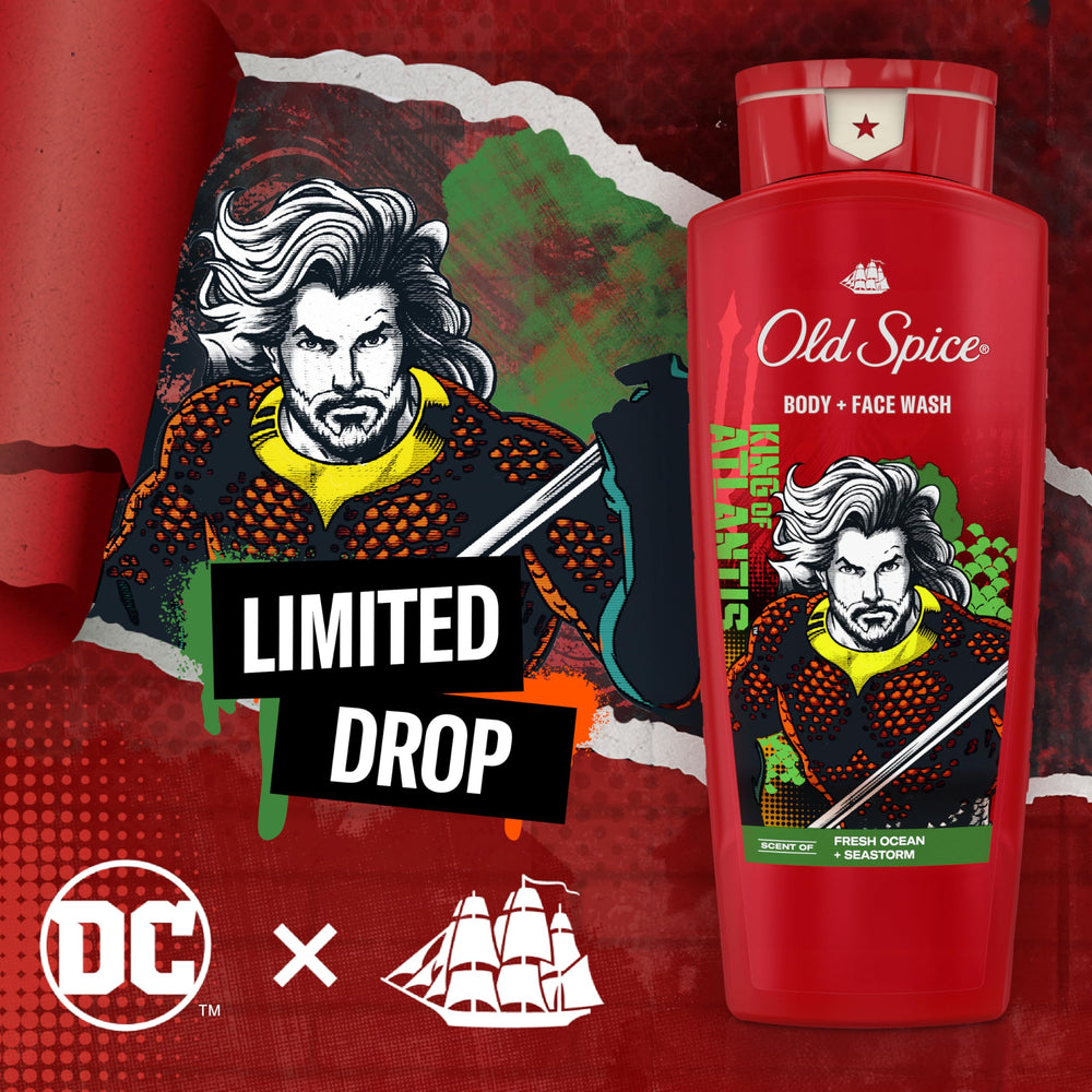 Person using Old Spice Aquaman wash in the shower showing convenient 2-in-1 use