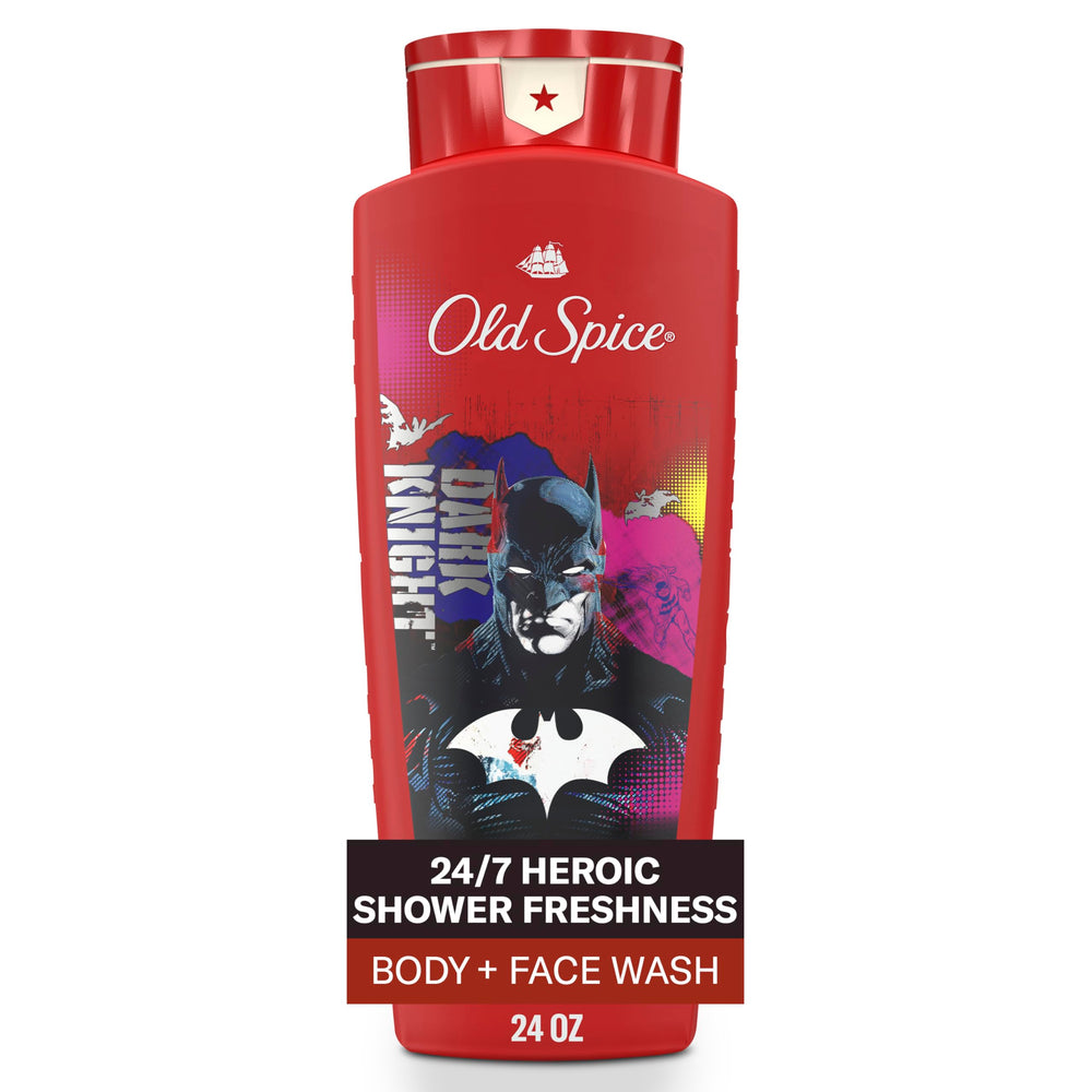 Old Spice Batman front packaging showing 24 oz bottle and branding, fresh scent benefit