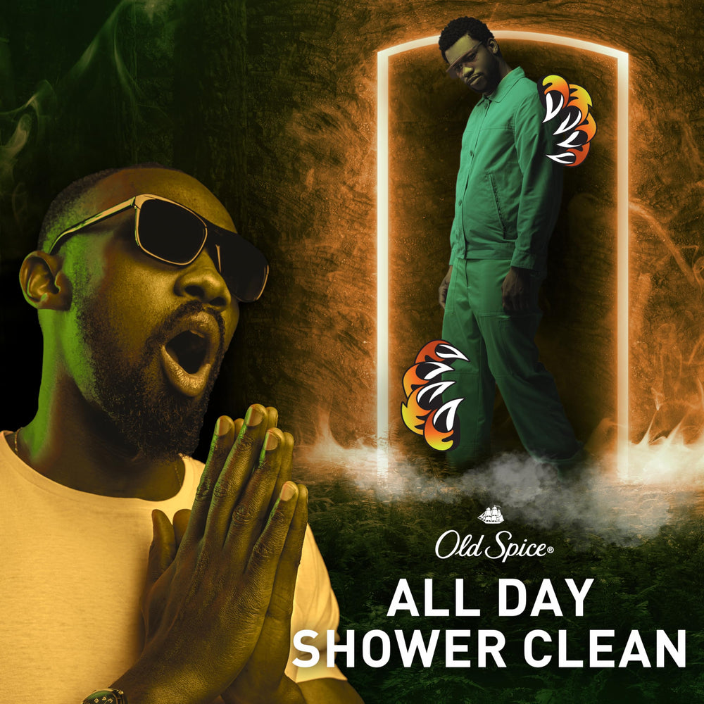 Old Spice Bearglove in use on face and body offering dual-use convenience