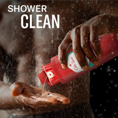Old Spice bottle in shower setting demonstrating easy use and reliable clean benefit