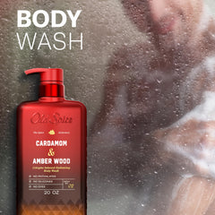 Old Spice bottle on shower shelf showing real-world storage and convenient daily-use benefit