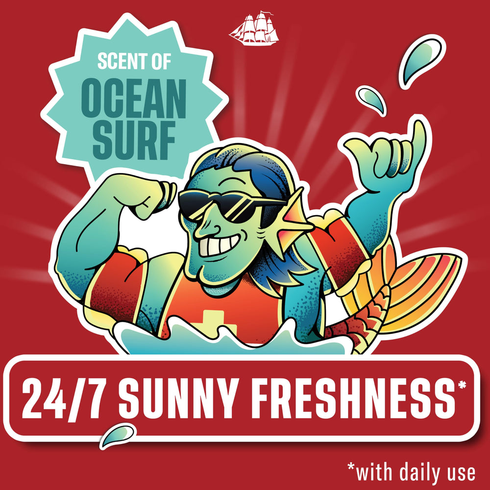 Old Spice Broseidon label detail highlighting Summerdudes branding and long-lasting scent