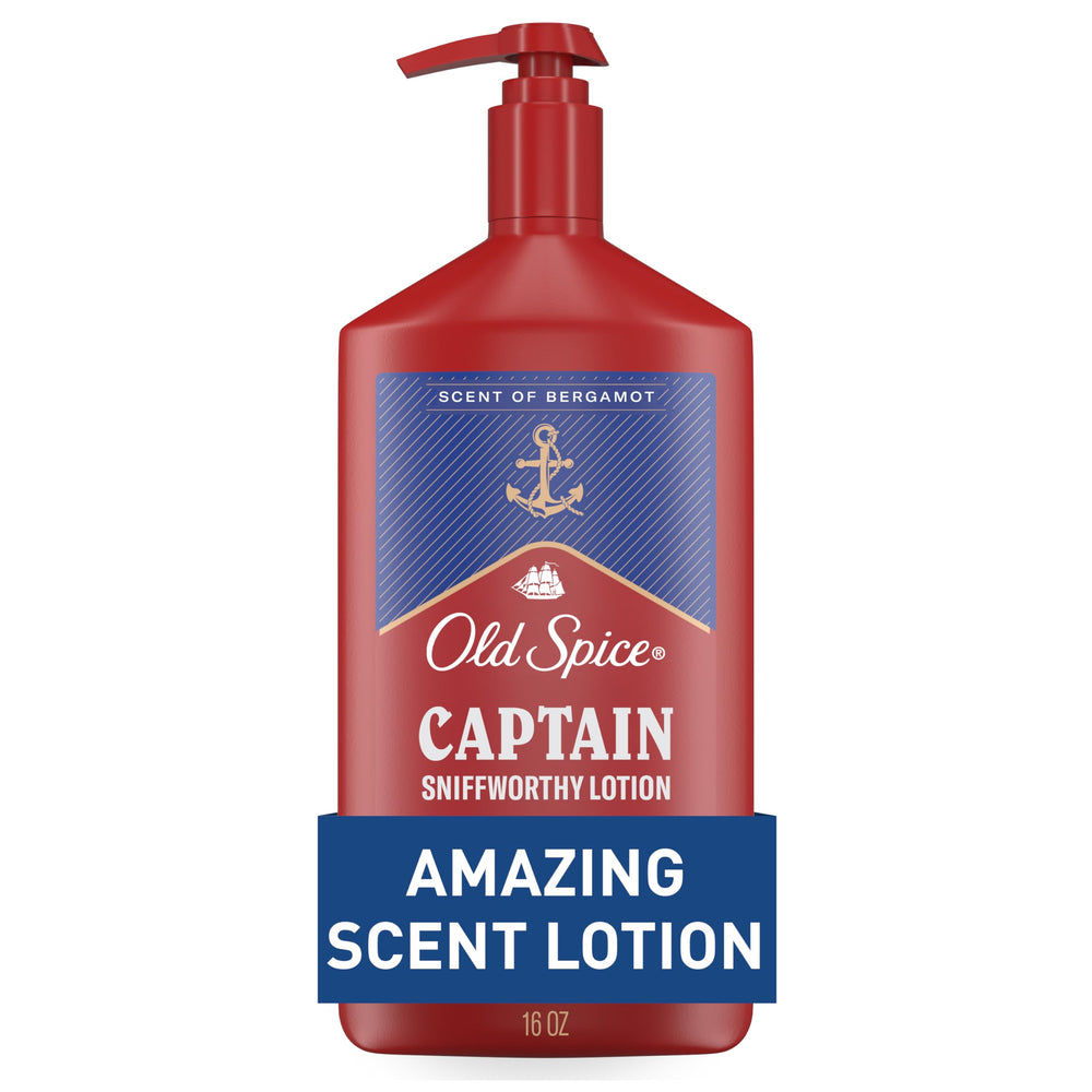 Old Spice Captain front bottle view showing pump and 16 oz size benefit