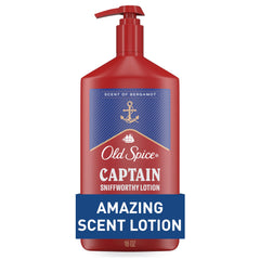 Old Spice Captain front bottle view showing pump and 16 oz size benefit